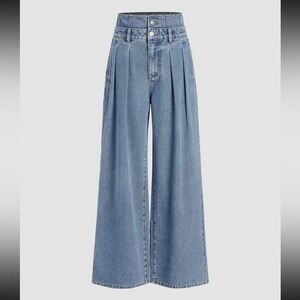 High-Waist Wide-Leg Pleated Light Blue Jeans